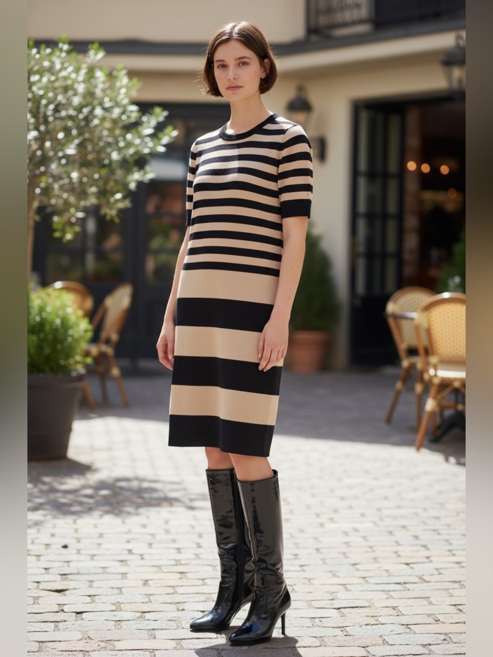 Burberry Beige and Black Striped Midi Knit Dress